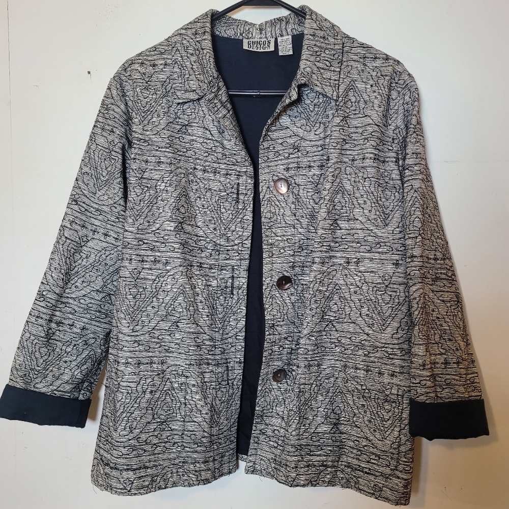 Chico's Design Silk Rayon Black and Gray Embroidered Women's Blazer Size 1